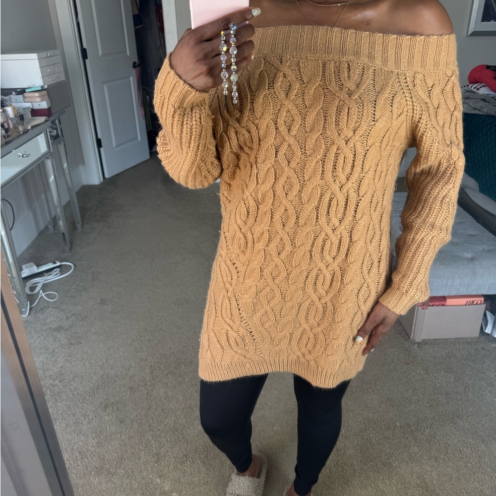 Off-Shoulder Cable Knit Sweater Dress